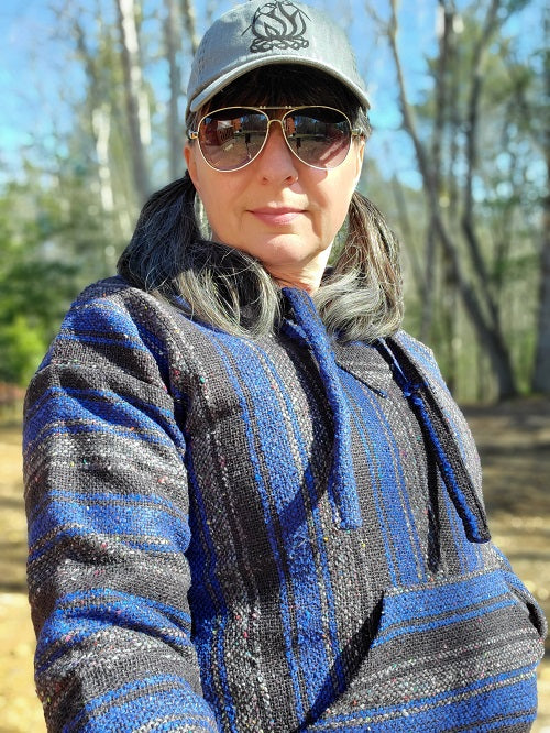 Royal Blue Black Grey Baja Hoodie also known as a Hippie Hoodie, Drug Rug Hoodie, Mexican Sweater, Pullover Baja Hoodie, Zip Up Baja Hoodie, Baja Jacket, Rasta Hoodie - Bonfire Baja Hoodies