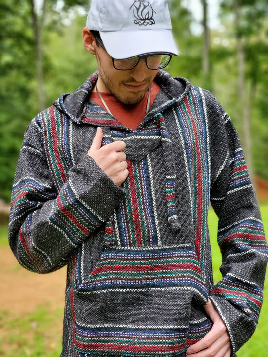 Grey Multi Baja Hoodie also known as a Hippie Hoodie, Drug Rug Hoodie, Mexican Sweater, Pullover Baja Hoodie, Zip Up Baja Hoodie, Baja Jacket, Rasta Hoodie - Bonfire Baja Hoodies