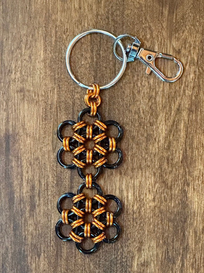 Japanese Flower Orange Black Chain Maille KeyChain - Bonfire Baja Hoodies