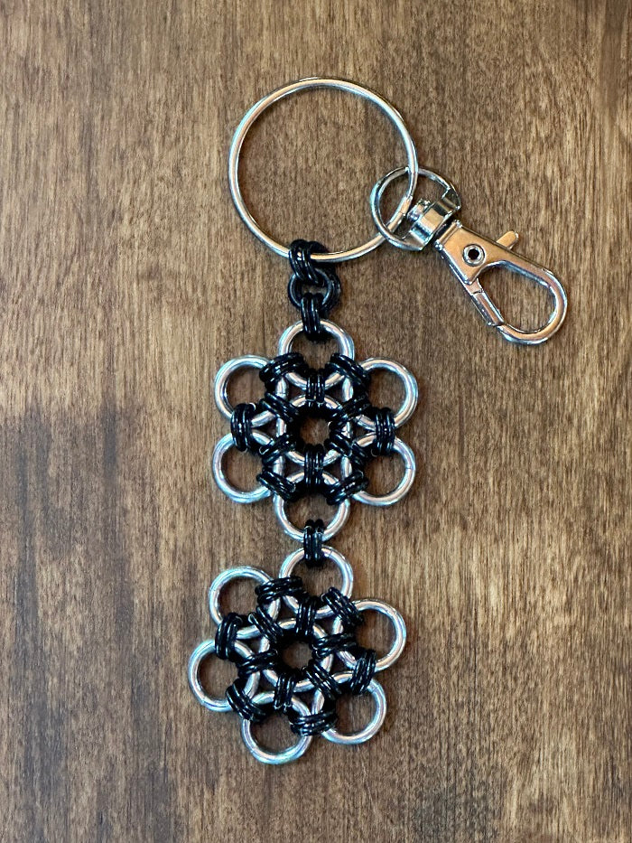 Japanese Flower Black Silver Chain Maille KeyChain - Bonfire Baja Hoodies