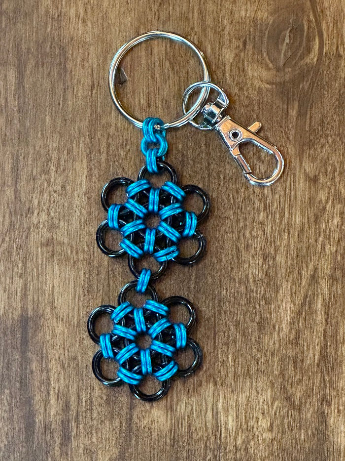 Japanese Flower Turquoise Black Chain Maille KeyChain - Bonfire Baja Hoodies