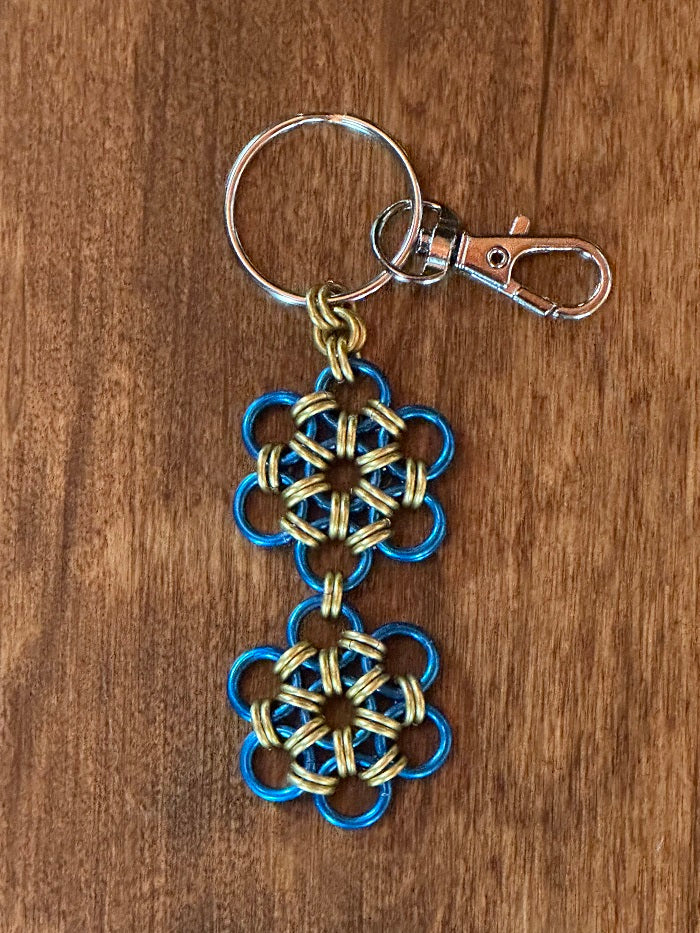Japanese Flower Gold Blue Chain Maille KeyChain - Bonfire Baja Hoodies