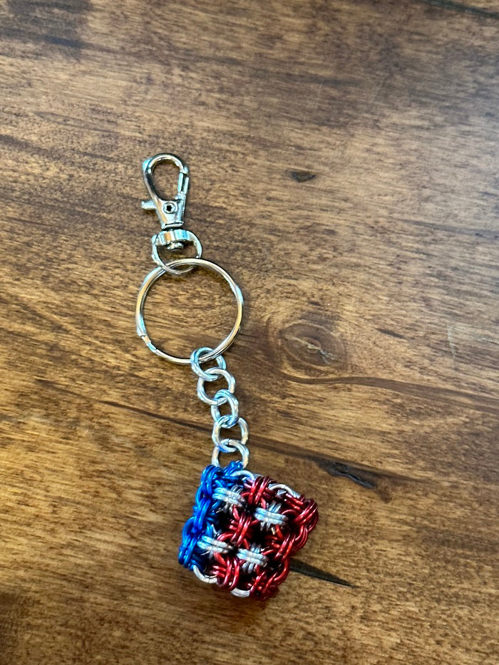 Cubix Cube Red White Blue Chain Maille KeyChain - Bonfire Baja Hoodies