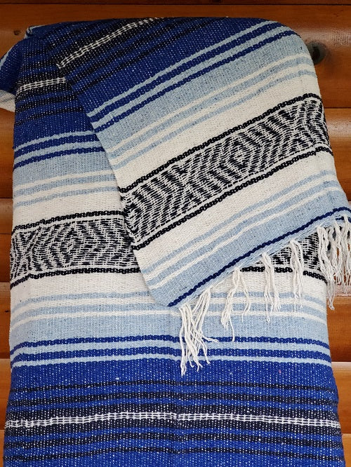 Cobalt Blue Light Blue White Classic Mexican Blanket - Bonfire Baja Hoodies