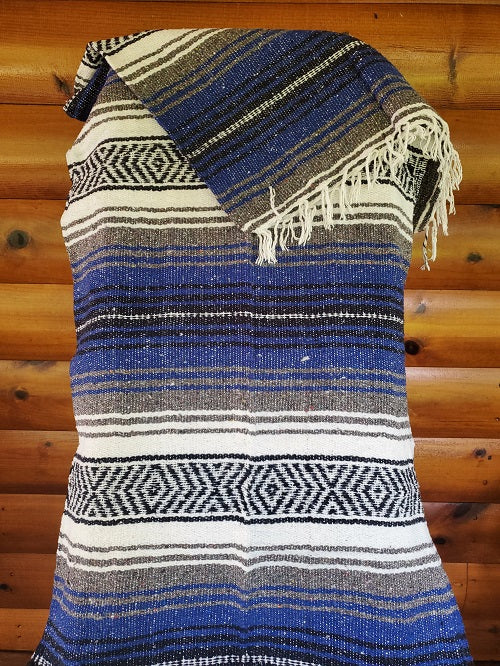 Cobalt Charcoal White Classic Mexican Blanket - Bonfire Baja Hoodies