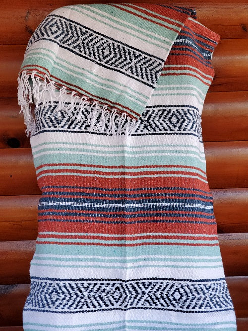 Terra Cotta Mint Teal White Classic Mexican Blanket- Bonfire Baja Hoodies