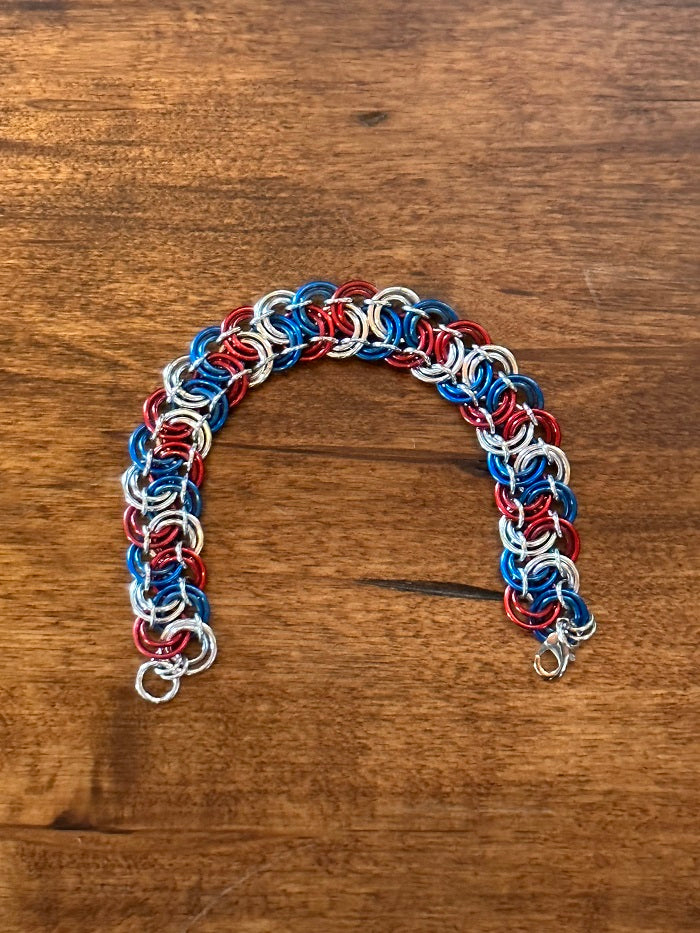 Garter Belt Chain Maille Bracelet 7.5" / Red Silver Blue Garter Belt Chain Maille Bracelet 7.5" / Red Silver Blue