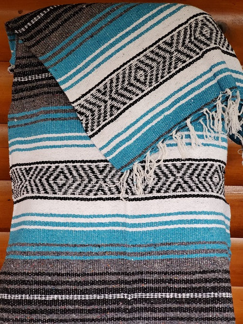 Turquoise Charcoal White Classic Mexican Blanket - Bonfire Baja Hoodies