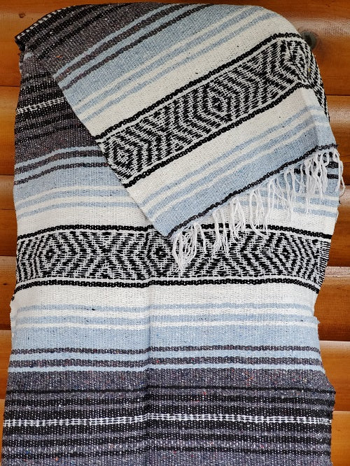 Light Blue Charcoal White Classic Mexican Blanket - Bonfire Baja Hoodies